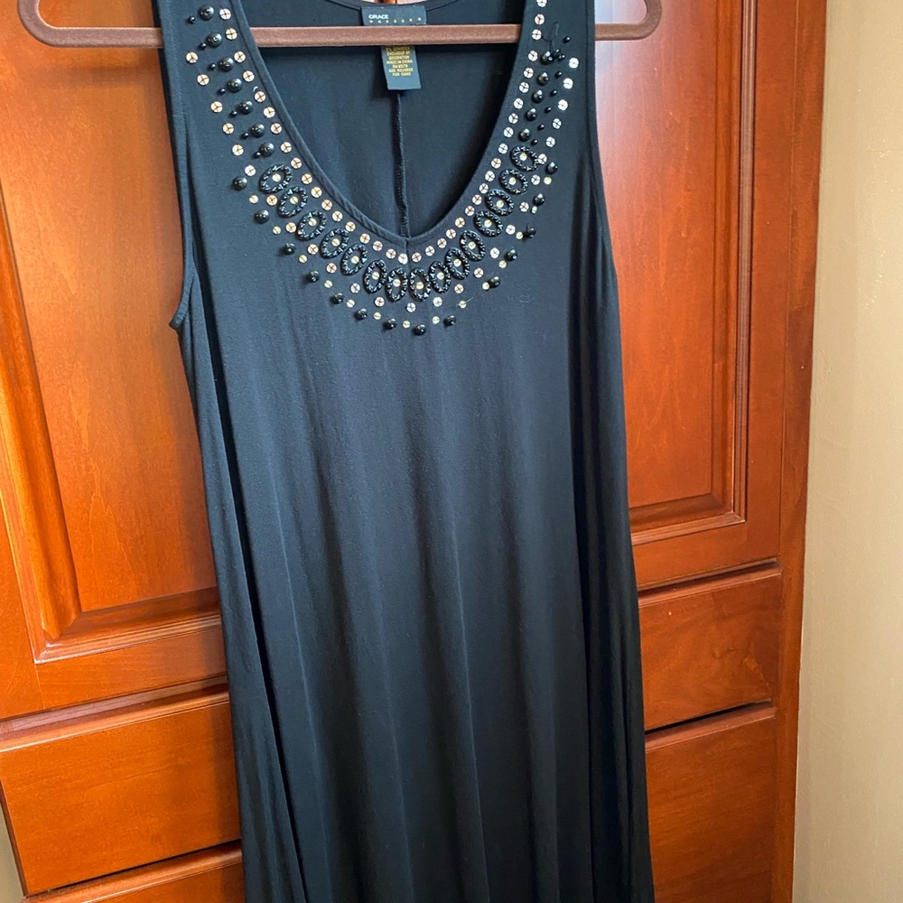 Sleeveless black cotton dress with sequins on top size L